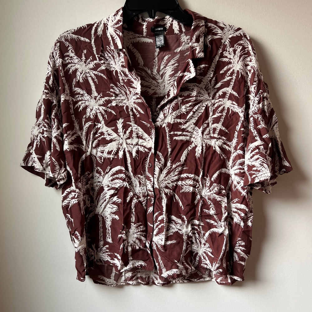 Express Brown and White Palm Print Button Down Shirt